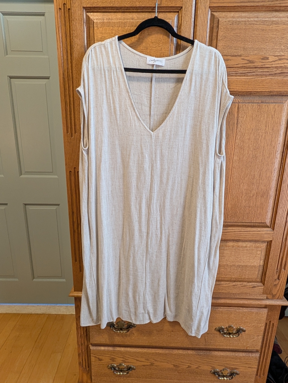 Carly Jean Los Angeles Neutral Beige V-Neck Midi Linen Dress